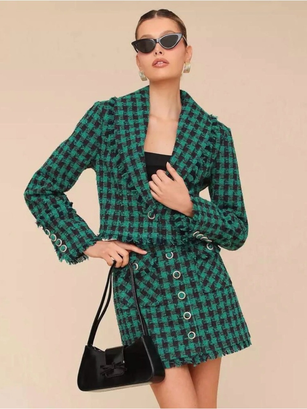 Avec Les Filles Tweed Plaid Fringe Cropped Jacket and Mini Skirt Set Size M -NWT